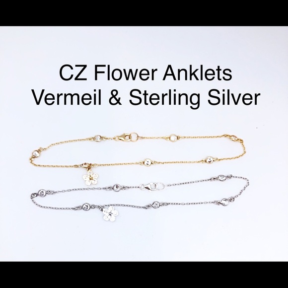 CZ Flower Anklet CZ Chain 9” or 10” Silver/ Gold - Picture 4 of 6